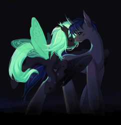 Size: 5312x5493 | Tagged: safe, artist:pfufu, derpibooru import, oc, oc only, butterfly, changeling, pony, unicorn, dark background, duo, female, flirting, flying, fog, glowing, glowing eyes, glowing mane, gray mane, horn, looking at someone, male, mare, romantic, simple background, spread wings, standing, wings