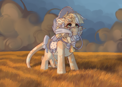 Size: 3500x2500 | Tagged: safe, artist:medkit, derpibooru import, oc, oc only, cow, earth pony, pony, bell, bow, bridle, cloud, crying, eyes open, field, grass, grass field, hair bow, hat, high res, male, paint tool sai 2, ribbon, saddle, sketch, sky, solo, stallion, sunset, wind