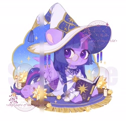 Size: 2048x1972 | Tagged: safe, artist:xieyanbbb, derpibooru import, twilight sparkle, twilight sparkle (alicorn), alicorn, pony, alternate hairstyle, book, candle, clothes, cute, female, hat, looking back, lying down, mare, monocle, open mouth, prone, reading, robe, rug, simple background, solo, sploot, twiabetes, white background, wizard hat