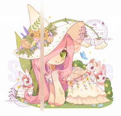 Size: 2048x1972 | Tagged: safe, artist:xieyanbbb, derpibooru import, fluttershy, butterfly, pegasus, pony, rabbit, animal, chest fluff, clothes, cute, daaaaaaaaaaaw, dress, female, flower, hair over one eye, hat, mare, shyabetes, simple background, solo, sundress, watermark, white background