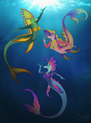 Size: 1043x1400 | Tagged: safe, artist:sunny way, derpibooru import, anthro, merpony, art, artwork, comic, cute, deep, digital art, female, mare, ocean, pinup, smiling, trio, underwater, water