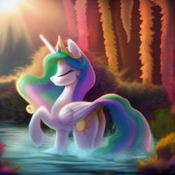 Size: 2048x2048 | Tagged: safe, derpibooru import, editor:siber, generator:purplesmart.ai, generator:stable diffusion, machine learning generated, princess celestia, alicorn, pony, butt, crown, ethereal mane, ethereal tail, eyes closed, female, high res, horn, jewelry, long horn, long mane, long tail, mare, peytral, pond, raised hoof, raised leg, regalia, solo, sunbutt, tail, tree, water, wings