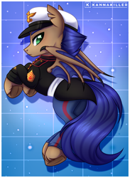 Size: 2048x2805 | Tagged: safe, artist:kannakiller, derpibooru import, oc, oc only, bat pony, pony, bat pony oc, bat wings, blushing, buttons, claws, clothes, commission, digital art, full body, green eyes, hat, hooves, jacket, jewelry, looking at you, male, pants, patch, scar, shoulder straps, simple background, solo, stallion, strap, tail, unshorn fetlocks, wings, ych result