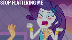 Size: 1920x1080 | Tagged: safe, derpibooru import, edit, edited screencap, editor:quoterific, screencap, applejack, rarity, better together, equestria girls, rollercoaster of friendship, blushing, eyes closed, female, open mouth, solo focus, tsundere, tsunderity