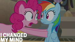 Size: 1920x1080 | Tagged: safe, derpibooru import, edit, edited screencap, editor:quoterific, screencap, pinkie pie, rainbow dash, earth pony, pegasus, pony, daring done?, duo, duo female, female, frown, looking at each other, looking at someone, mare, open mouth, touching