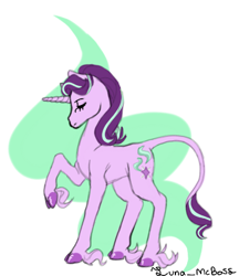 Size: 364x421 | Tagged: safe, artist:luna_mcboss, derpibooru import, starlight glimmer, pony, unicorn, cloven hooves, eyes closed, female, fetlock tuft, green background, horn, long legs, long tail, purple coat, purple mane, raised leg, simple background, solo, tail, white background