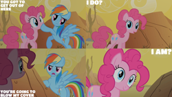 Size: 4400x2475 | Tagged: safe, derpibooru import, edit, edited screencap, editor:quoterific, screencap, pinkie pie, rainbow dash, over a barrel