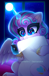 Size: 1287x2000 | Tagged: safe, artist:taiweiart, derpibooru import, princess flurry heart, alicorn, pony, biting, cellphone, female, heart, heart eyes, levitation, magic, night, older, older flurry heart, phone, pillow, pillow biting, solo, telekinesis, wingding eyes