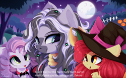 Size: 4000x2500 | Tagged: safe, artist:xsatanielx, derpibooru import, apple bloom, sweetie belle, zecora, earth pony, pony, unicorn, zebra, female, filly, foal, halloween, holiday, jack-o-lantern, mlp fim's twelfth anniversary, pumpkin