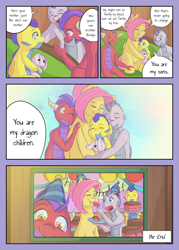 Size: 2591x3624 | Tagged: safe, artist:mustachedbain, derpibooru import, fluttershy, oc, oc:august, oc:ixion, oc:rex, dragon, pegasus, pony, comic:my dragon children, adopted offspring, alternate hairstyle, cake, comic, dragon oc, family, female, fluttermom, food, hug, mare, non-pony oc, parent:fluttershy