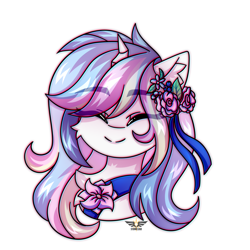 Size: 2500x2500 | Tagged: safe, artist:stormcloud, derpibooru import, oc, oc only, oc:lorelei, pony, unicorn, bust, chest fluff, commission, cute, eye clipping through hair, eyebrows, eyebrows visible through hair, eyes closed, female, flower, flower in hair, full face view, hairpin, happy, horn, mare, multicolored mane, portrait, simple background, smiling, solo, unicorn oc, white background, ych result