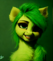 Size: 1664x1920 | Tagged: safe, derpibooru import, generator:stable diffusion, machine learning generated, oc, earth pony, pony, bust, fluffy, green background, green eyes, looking at you, nightmare fuel, portrait, simple background, smiling, uncanny valley