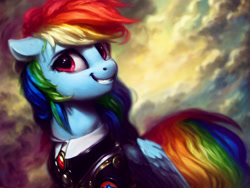 Size: 2048x1536 | Tagged: safe, derpibooru import, generator:stable diffusion, machine learning generated, rainbow dash, pegasus, pony, clothes, detailed, solo, uniform