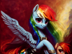 Size: 2048x1536 | Tagged: safe, derpibooru import, generator:stable diffusion, machine learning generated, rainbow dash, pegasus, pony, detailed, hooves, spread wings, wings