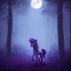 Size: 2048x2048 | Tagged: safe, derpibooru import, generator:stable diffusion, machine learning generated, oc, earth pony, pony, forest, moon, night, purple background, simple background, solo