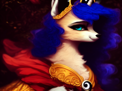 Size: 2048x1536 | Tagged: safe, derpibooru import, generator:stable diffusion, machine learning generated, princess luna, fox, hybrid, bust, clothes, detailed, dress, fluffy, fur, portrait, solo