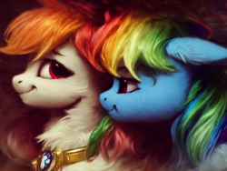 Size: 1024x768 | Tagged: safe, derpibooru import, generator:stable diffusion, machine learning generated, rainbow dash, oc, pegasus, pony, bust, detailed, fluffy, jewelry, looking at each other, looking at someone, necklace, nuzzling, portrait