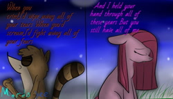 Size: 640x365 | Tagged: safe, artist:mordorigs, derpibooru import, pinkie pie, earth pony, pony, raccoon, crossover, crossover shipping, evanescence, eyes closed, female, male, mare, regular show, rigby, rigbypie, shipping, straight, subverted meme, text