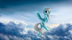 Size: 4000x2250 | Tagged: safe, artist:flusanix, derpibooru import, oc, oc only, pegasus, pony, cloud, female, flying, pegasus oc, scenery, solo