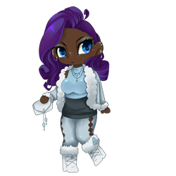 Size: 4000x4000 | Tagged: safe, artist:altarichiru, derpibooru import, rarity, human, alternate hairstyle, boots, breasts, chibi, clothes, coat, cute, dark skin, ear piercing, earring, eyeshadow, female, fur coat, humanized, jewelry, leggings, makeup, necklace, piercing, purse, raribetes, shoes, simple background, skirt, sleeveless, sleeveless sweater, solo, sweater, transparent background, winter