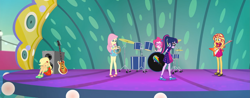 Size: 2767x1080 | Tagged: safe, derpibooru import, edit, edited screencap, screencap, applejack, fluttershy, pinkie pie, sci-twi, sunset shimmer, twilight sparkle, better together, equestria girls, spring breakdown, bare shoulders, bass guitar, clothes, composite screencap, cruise outfit, cymbals, dress, drum kit, drums, female, glasses, guitar, heart shaped glasses, musical instrument, ponytail, sandals, shorts, sitting, sleeveless, speaker, standing, sunglasses