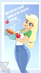 Size: 1992x3531 | Tagged: safe, artist:theretroart88, derpibooru import, applejack, human, equestria girls, apple, apple pie, applejack day, applerack, breasts, bronybait, clothes, cute, food, freckles, high res, jackabetes, looking at you, open mouth, open smile, pants, pie, smiling, talking to viewer
