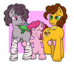 Size: 1872x1630 | Tagged: safe, artist:single purpose, derpibooru import, boneless, cheese sandwich, gummy, pinkie pie, oc, oc:mercury_gray, alligator, earth pony, hybrid, pony, zony, cheesepie, couple, eyes closed, faceful of ass, female, fluffy mane, fluffy tail, gradient legs, happy, hug, looking at someone, looking back, male, mare, married, married couple, mercheese, mercurinkie, polyamory, rubber chicken, shipping, smiling, smirk, stallion, straight, stripes, tail, zony oc