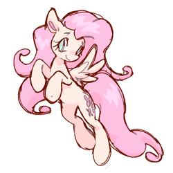 Size: 859x859 | Tagged: safe, artist:fluttershyweed, derpibooru import, fluttershy, pegasus, pony, aside glance, female, flying, head turned, looking at you, mare, simple background, smiling, smiling at you, solo, spread wings, three quarter view, white background, wings
