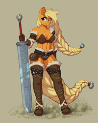 Size: 1600x2000 | Tagged: safe, artist:asimos, derpibooru import, applejack, anthro, earth pony, plantigrade anthro, applerack, armor, barbarian, barbarianjack, battle bikini, beige background, belly button, boots, braid, braided tail, breasts, cleavage, clothes, fantasy class, female, giant sword, gloves, greatsword, mare, midriff, shoes, simple background, smiling, solo, sword, tail, thigh boots, unconvincing armor, weapon, windswept mane