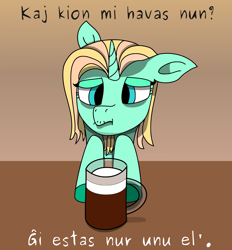 Size: 1855x2000 | Tagged: safe, artist:timcryt, derpibooru import, oc, oc only, pony, unicorn, alcohol, beer, esperanto, male, sad, solo, translated in the comments