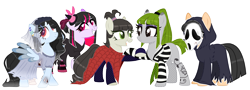 Size: 3865x1388 | Tagged: safe, artist:kellysweet1, derpibooru import, oc, oc only, oc:anime-chan, oc:hanako, oc:hera-chan, oc:ohasu, oc:sawa (ice1517), earth pony, pegasus, pony, skeleton pony, alternate hairstyle, beetlejuice, bone, clothes, commission, corpse bride, cosplay, costume, crossover, dress, ear piercing, earring, emily, eye scar, eyeshadow, facial scar, female, ghostface, grin, halloween, halloween costume, hat, holding hooves, jewelry, lesbian, looking at each other, looking at someone, lydia deetz, makeup, mare, mask, oc x oc, ohasusawa, older, open mouth, piercing, ponytail, raised hoof, raised leg, robe, scar, scream (movie), shipping, shirt, simple background, skeleton, smiling, socks, striped socks, tattoo, transparent background, wedding dress, witch, witch costume, witch hat