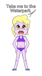 Size: 1080x1940 | Tagged: safe, alternate version, artist:happy harvey, derpibooru import, dinky hooves, human, equestria girls, belly button, child, clothes, cute, demanding, dialogue, drawn on phone, flip-flops, hand on hip, humanized, looking up, open mouth, sandals, simple background, swimsuit, transparent background, two-piece swimsuit