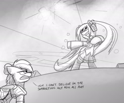 Size: 3000x2500 | Tagged: safe, artist:captainhoers, derpibooru import, earth pony, pegasus, pony, anime, annoyed, bipedal, concert, duo, grayscale, hatsune miku, hoof hold, microphone, monochrome, ponified, vocaloid