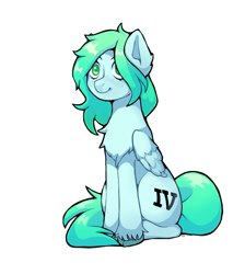 Size: 1834x2048 | Tagged: safe, artist:magui, derpibooru import, oc, oc only, oc:minty-jazz, pegasus, cutie mark, female, pegasus oc, simple background, sitting, smiling