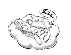 Size: 1330x1024 | Tagged: safe, artist:sketchtablet, derpibooru import, derpy hooves, pegasus, pony, cloud, cute, derpabetes, eyes closed, feather, female, mare, monochrome, on a cloud, onomatopoeia, sleeping, sleeping on a cloud, snoring, solo, sound effects, zzz