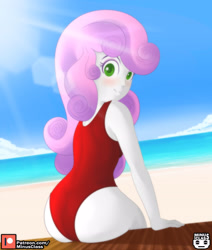 Size: 2976x3507 | Tagged: safe, alternate version, artist:minusclass, derpibooru import, sweetie belle, human, equestria girls, alternate character, ass, blushing, butt, clothes, high res, one-piece swimsuit, solo, sweetie butt, swimsuit