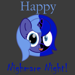 Size: 2000x2000 | Tagged: safe, alternate version, artist:theunidentifiedchangeling, derpibooru import, nightmare moon, princess luna, alicorn, bust, cute, digital art, female, filly, foal, gray background, horn, mlp fim's twelfth anniversary, nightmare night, nightmare woon, open mouth, portrait, simple background, solo, woona, younger