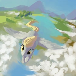 Size: 2000x2000 | Tagged: safe, artist:duvivi, derpibooru import, derpy hooves, pegasus, pony, cloud, female, flying, mare, scenery, solo, spread wings, wings