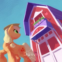 Size: 2000x2000 | Tagged: safe, artist:duvivi, derpibooru import, applejack, earth pony, pony, barn, female, low angle, mare, solo