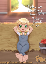 Size: 2480x3425 | Tagged: safe, artist:focusb, derpibooru import, applejack, human, equestria girls, apple, barefoot, clothes, crossed legs, cute, dialogue, feet, food, freckles, high res, human coloration, jackabetes, open mouth, overalls, pigtails, soles, solo, toes, twintails, younger