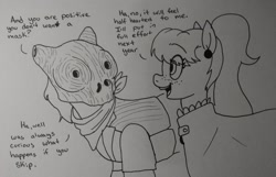 Size: 2048x1321 | Tagged: safe, artist:pony quarantine, derpibooru import, oc, oc only, oc:bo, earth pony, pony, clothes, costume, dialogue, duo, eye clipping through hair, eyebrows, eyebrows visible through hair, female, freckles, grayscale, mare, mask, monochrome, traditional art