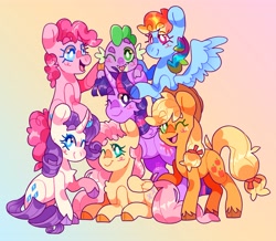 Size: 3847x3361 | Tagged: safe, artist:cocopudu, derpibooru import, applejack, fluttershy, pinkie pie, rainbow dash, rarity, spike, twilight sparkle, twilight sparkle (alicorn), alicorn, dragon, earth pony, pegasus, pony, unicorn, cloven hooves, female, gradient background, group, group photo, looking at you, male, mane seven, mane six, mare, one eye closed, smiling, smiling at you, tongue, tongue out, unshorn fetlocks