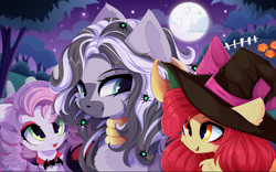 Size: 4000x2500 | Tagged: safe, artist:xsatanielx, derpibooru import, apple bloom, sweetie belle, zecora, earth pony, pony, unicorn, zebra, female, filly, foal, halloween, holiday, jack-o-lantern, mare, mlp fim's twelfth anniversary, pumpkin