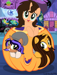 Size: 1692x2214 | Tagged: safe, artist:lynnthenerdkitty, artist:starember, derpibooru import, oc, oc:aurora gleam, oc:brooke, oc:small brooke, pony, unicorn, base used, halloween, holiday, pumpkin, trio