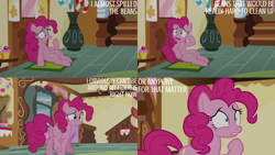 Size: 4400x2475 | Tagged: safe, derpibooru import, edit, edited screencap, editor:quoterific, screencap, pinkie pie, earth pony, pony, season 5, the one where pinkie pie knows, female, gritted teeth, mare, open mouth, panicking, solo, teeth, worried