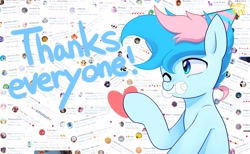 Size: 2048x1260 | Tagged: safe, artist:maren, derpibooru import, oc, oc only, oc:blue chewings, earth pony, pony, 2020, bust, heart, meta, old art, one eye closed, sitting, solo, thank you, twitter