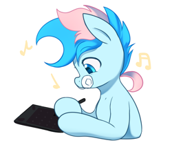 Size: 5000x4200 | Tagged: safe, artist:maren, derpibooru import, oc, oc only, oc:blue chewings, earth pony, pony, 2020, bust, drawing, drawing tablet, high res, hoof hold, music notes, old art, simple background, solo, white background