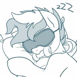 Size: 2600x2600 | Tagged: safe, artist:maren, derpibooru import, oc, oc only, oc:blue chewings, earth pony, pony, 2020, bust, monochrome, old art, onomatopoeia, pillow, sleep mask, sleeping, solo, sound effects, zzz