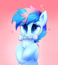 Size: 1538x1713 | Tagged: safe, artist:confetticakez, derpibooru import, oc, oc only, oc:blue chewings, earth pony, pony, bust, chest fluff, chew toy, cute, gradient background, heart, solo