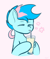 Size: 1072x1264 | Tagged: safe, artist:koa, derpibooru import, oc, oc only, oc:blue chewings, earth pony, pony, bust, drinking straw, emanata, eyes closed, holding, milkshake, pink background, simple background, solo